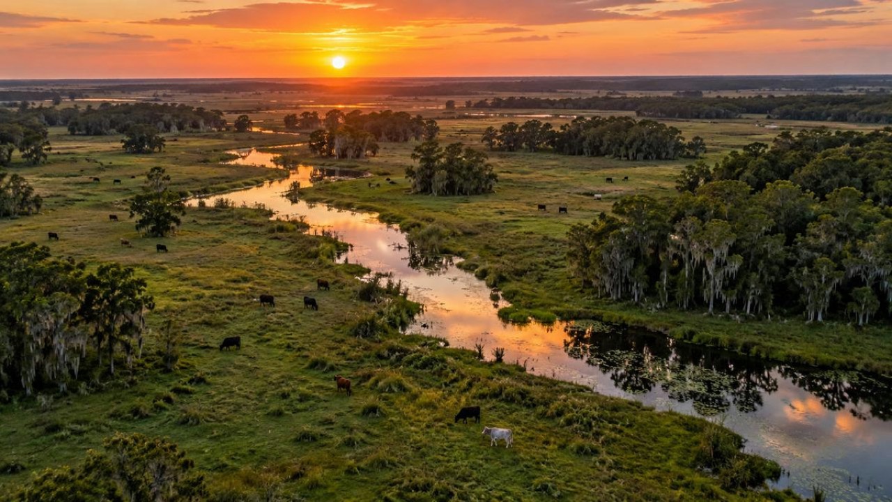 Aerial drone view of the 4G Ranch wetlands and pasture near Land O' Lakes, Pasco County, at sunset