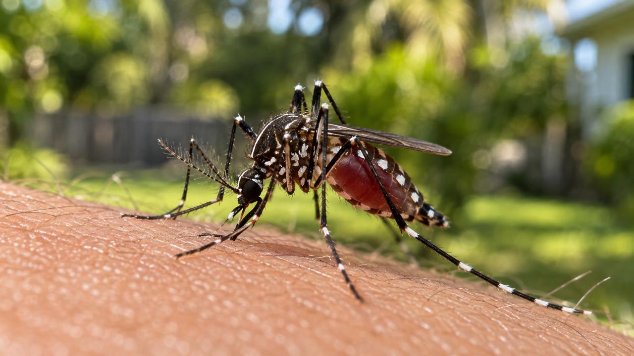 Close-up of an Aedes aegypti mosquito biting human skin in a Florida backyard
