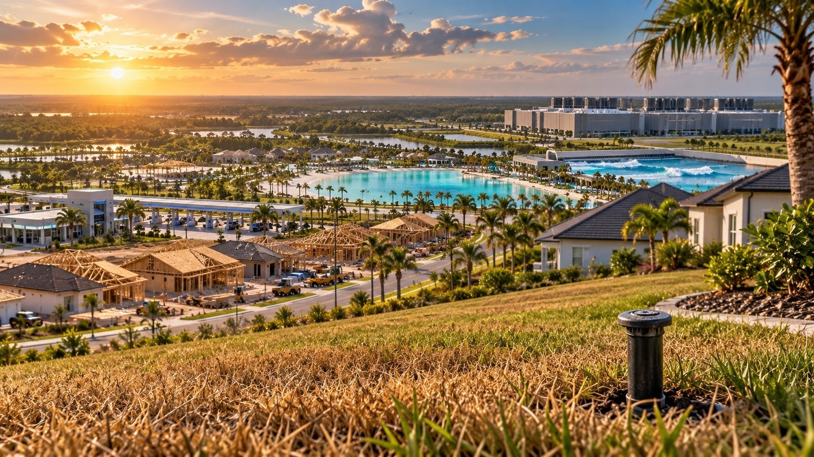 Editorial illustration of Florida growth during drought, with a dry lawn, new homes, lagoon, surf facility and large commercial buildings
