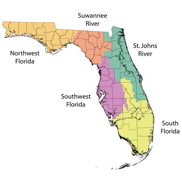 Official Florida Water Management Districts map from the Florida Department of Environmental Protection, showing the Northwest Florida, Suwannee River, St. Johns River, Southwest Florida and South Florida district boundaries