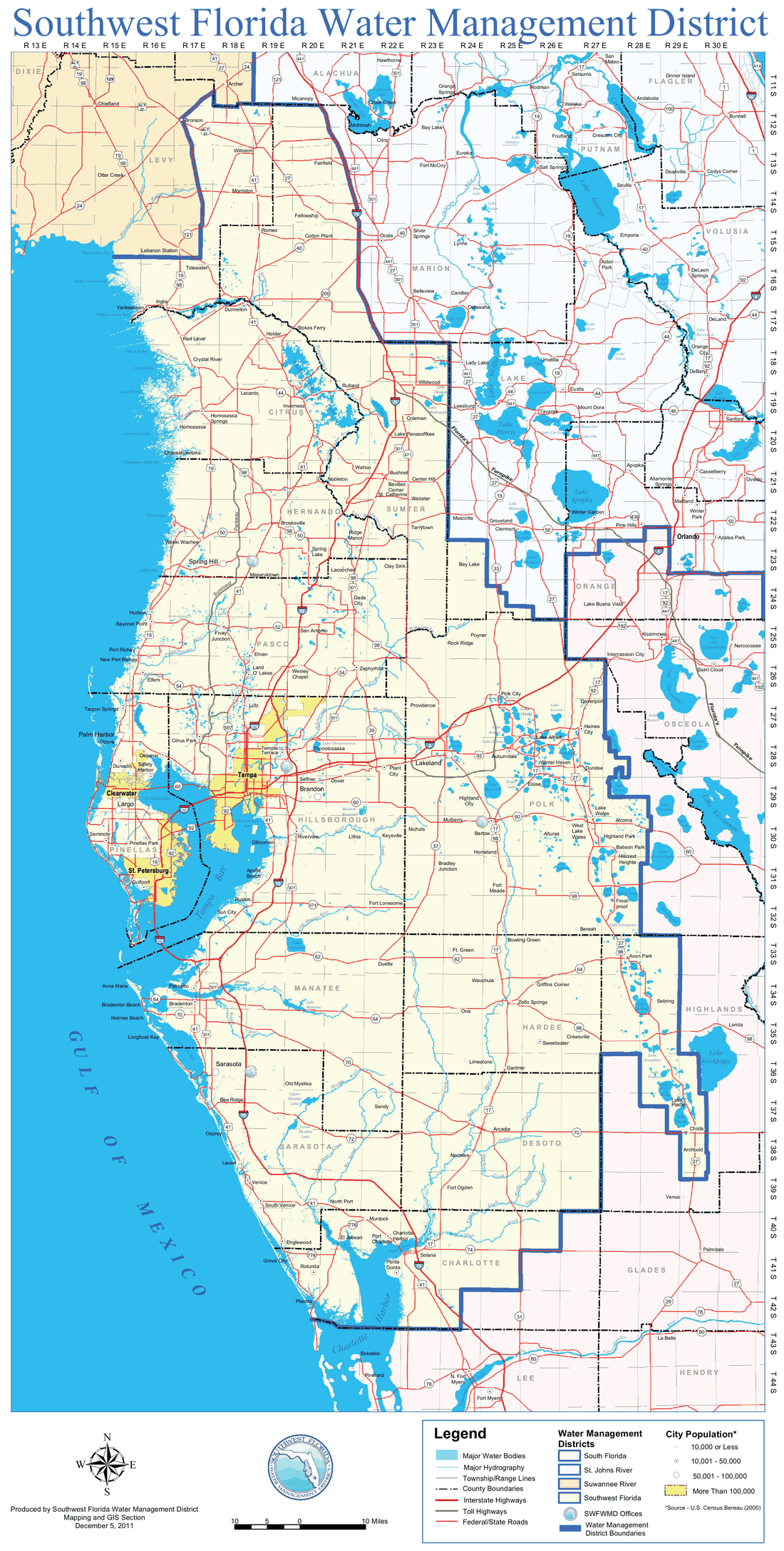 Official Southwest Florida Water Management District map showing the district's county and boundary geography across west-central Florida
