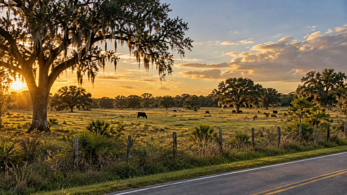 Open cattle pasture and oak trees at the Grand Bar Ranch near State Road 52 and Ehren Cutoff in Pasco County