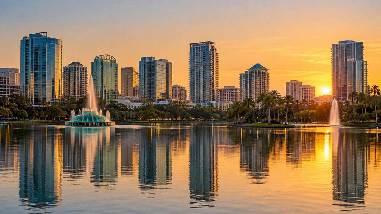 Downtown Orlando skyline viewed across Lake Eola