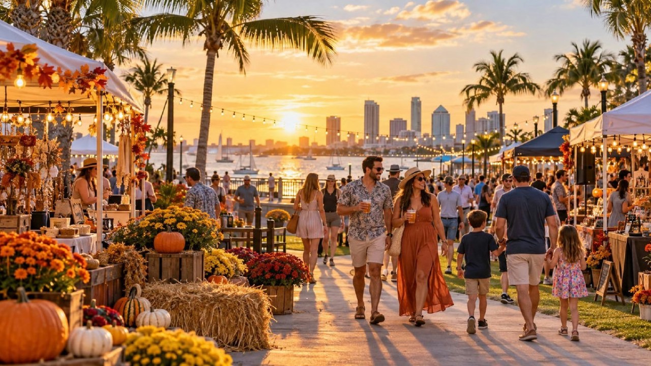 Shoppers browse pumpkins and mums at an outdoor fall festival market with string lights and the Tampa skyline across the water at sunset