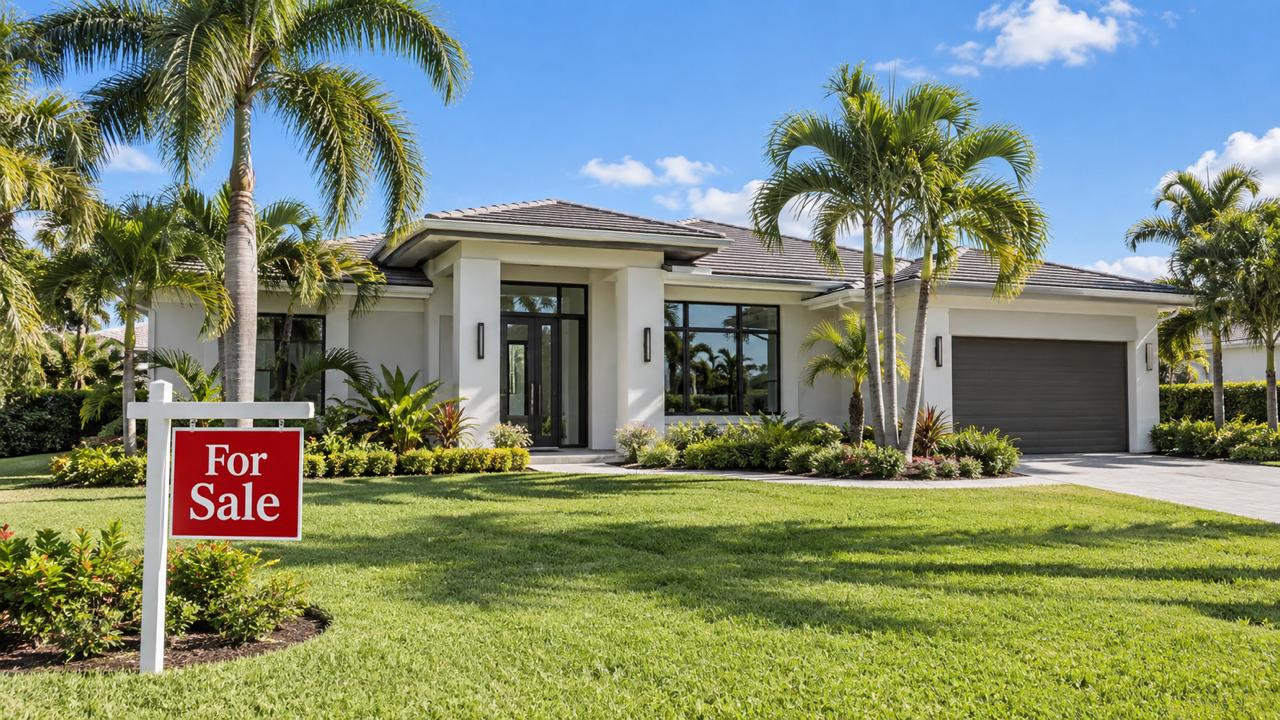 Modern single-story Florida home with a red For Sale sign in the front yard
