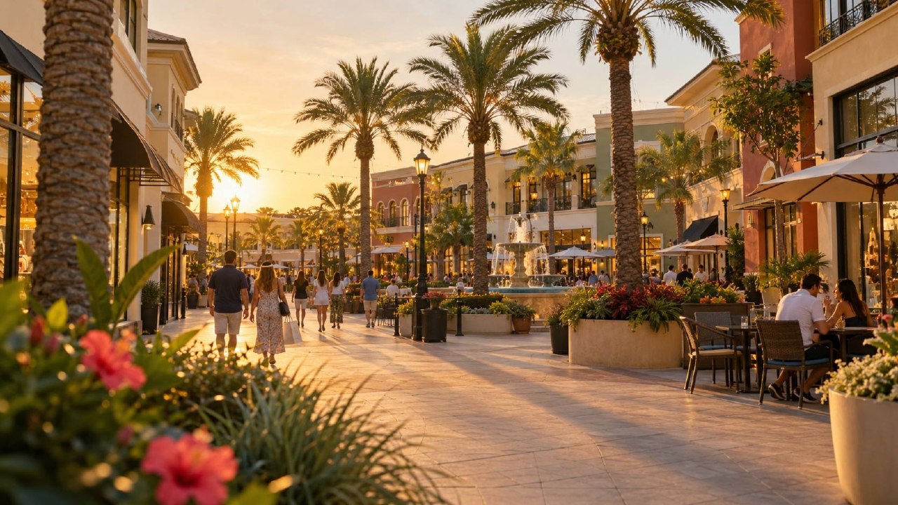 Open-air promenade lined with palm trees and shoppers at The Shops at Wiregrass in Wesley Chapel