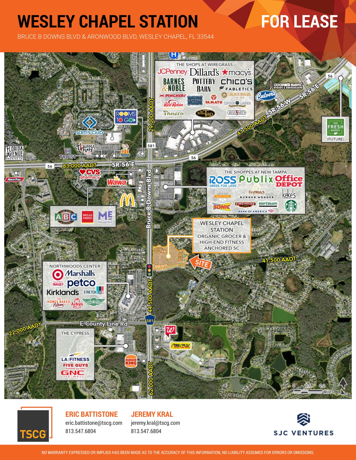 Map showing Wesley Chapel Station's location at Bruce B. Downs Boulevard and Aronwood Boulevard in Wesley Chapel, with nearby shopping centers along State Road 56